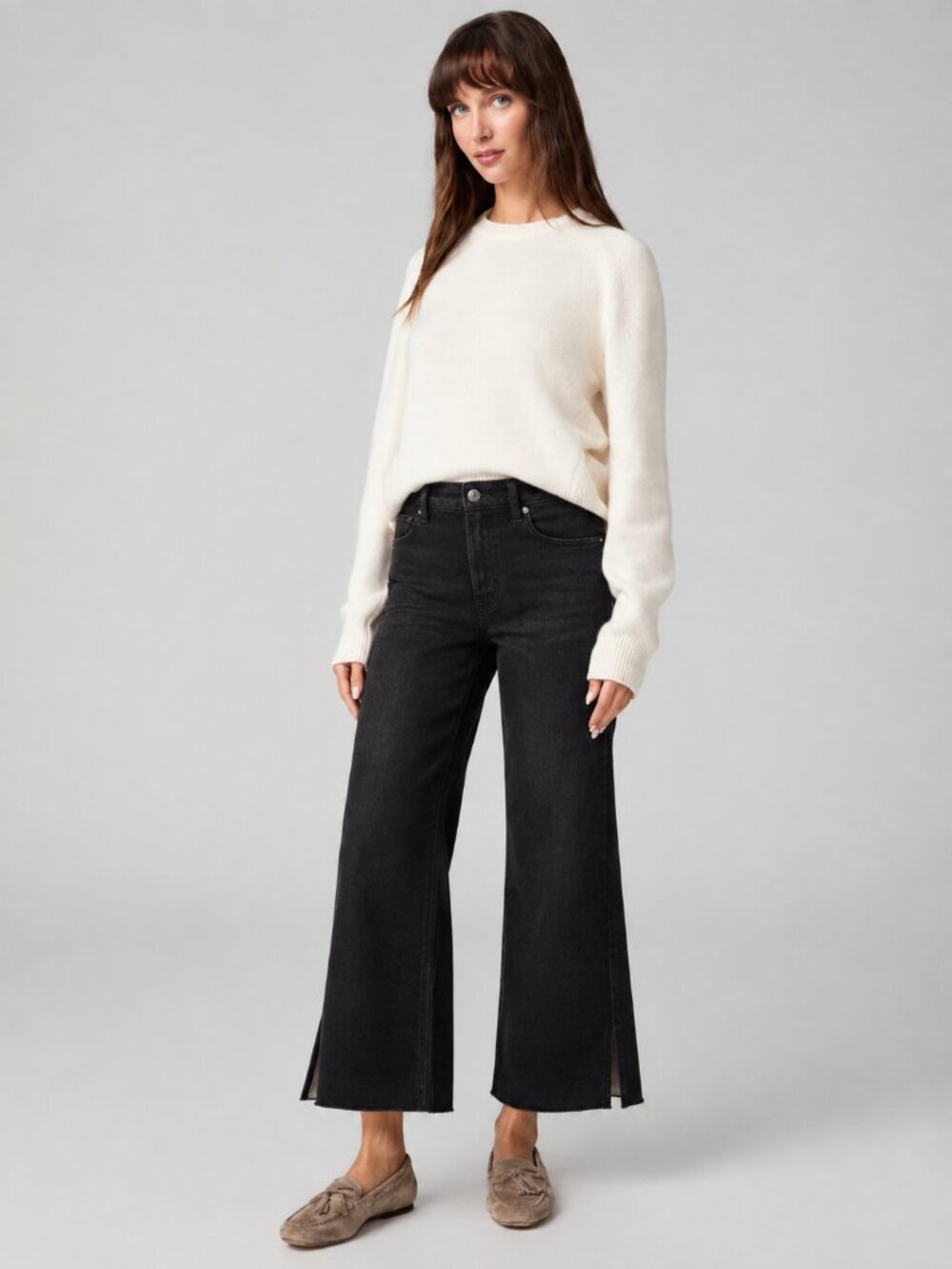 PAIGE Anessa Split Hem Wide Leg Jeans Black Size 27 High Rise Cropped